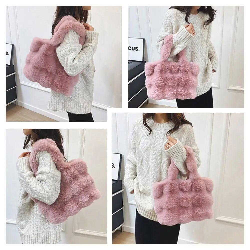 Women Plush Shoulder Bag Fluffy Handbag Large Capacity Casual Commuting Bag Furry Carrying Bag Soft Shopper Bag