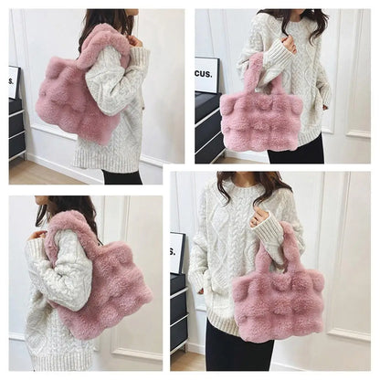 Women Plush Shoulder Bag Fluffy Handbag Large Capacity Casual Commuting Bag Furry Carrying Bag Soft Shopper Bag