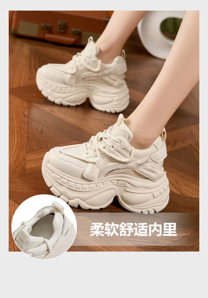 9cm Genuine Leather Chunky Sneakers for Women Fashion Sneakers Walking Shoes Platform Heel Sneakers Women Casual Shoes