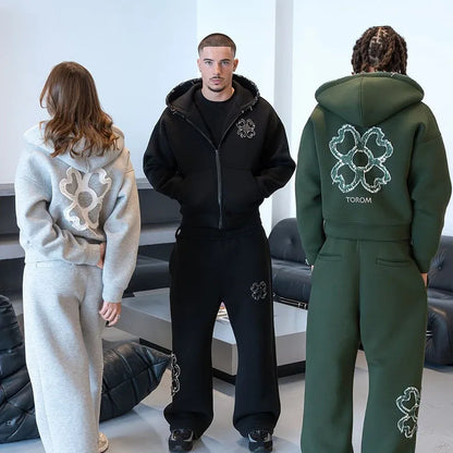 Olive Green Embroidered Zip Hoodie & Pants Set Men Streetwear Trendy Loose Casual 2-Piece Tracksuit New 2025 Fashion
