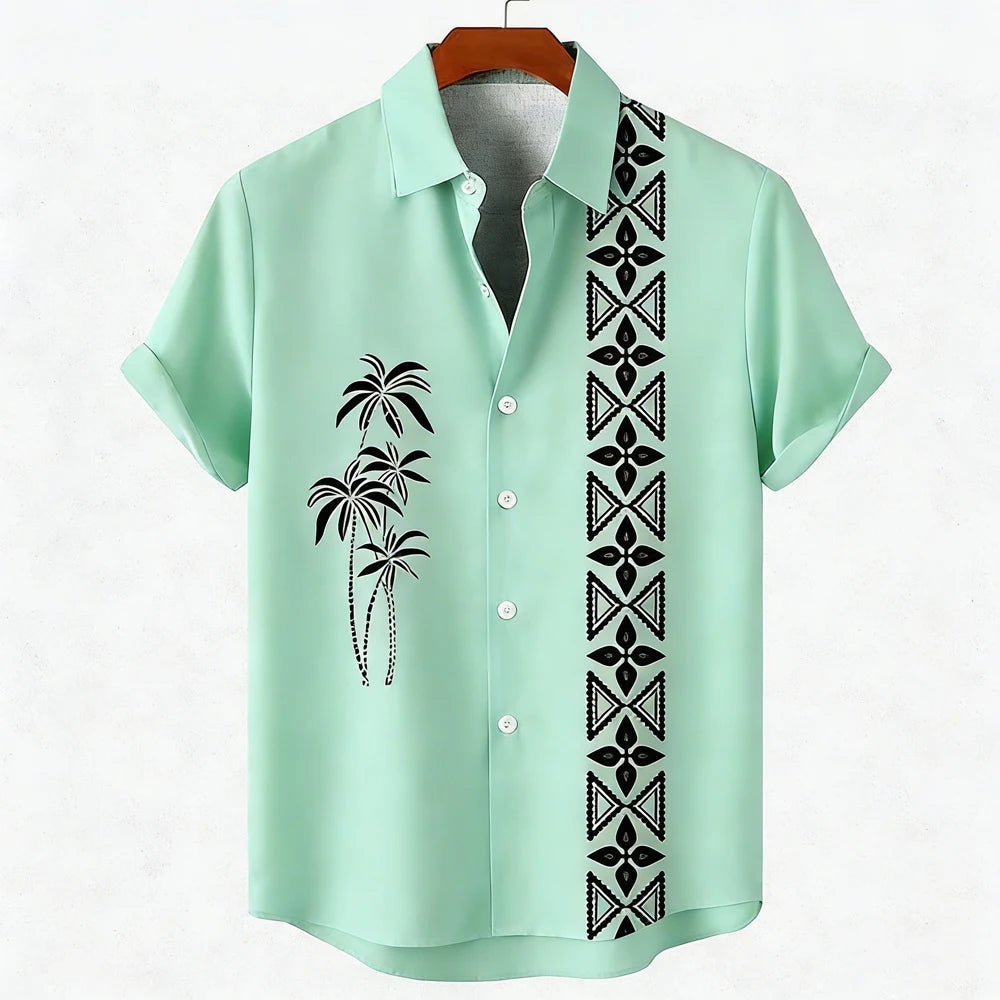 Men's new green linen short-sleeved shirt HD coconut tree pattern 3D printed shirt Hawaiian vacation outdoor social men's wear