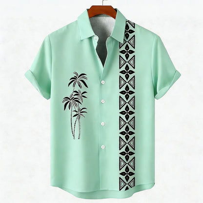 Men's new green linen short-sleeved shirt HD coconut tree pattern 3D printed shirt Hawaiian vacation outdoor social men's wear