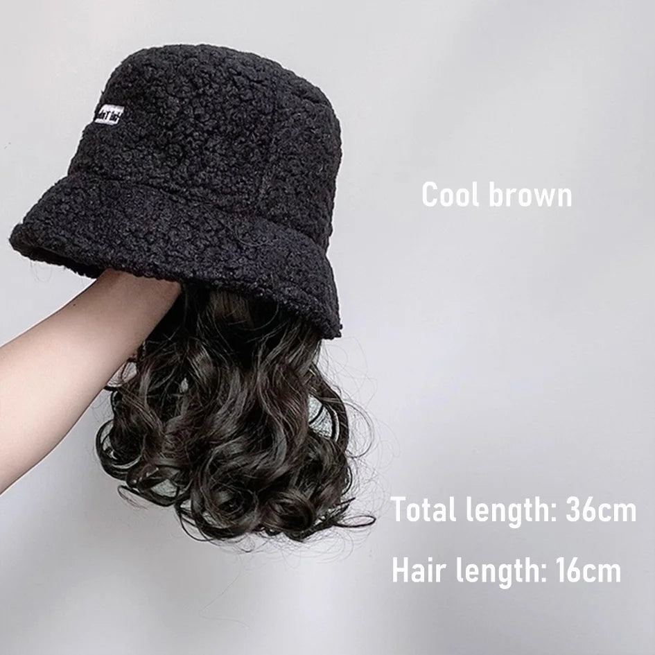 Synthetic 50cm winter cold resistant wig hat with long straight hair and long curly hair black/white hat with lambhair Christmas