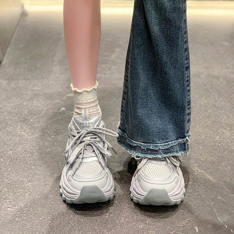 8.5CM Mesh Microfiber Leather Casual Shoes New 2026 Spring Women Chunky Sneakers High Platform Outdoor Sports Dad Shoes Woman