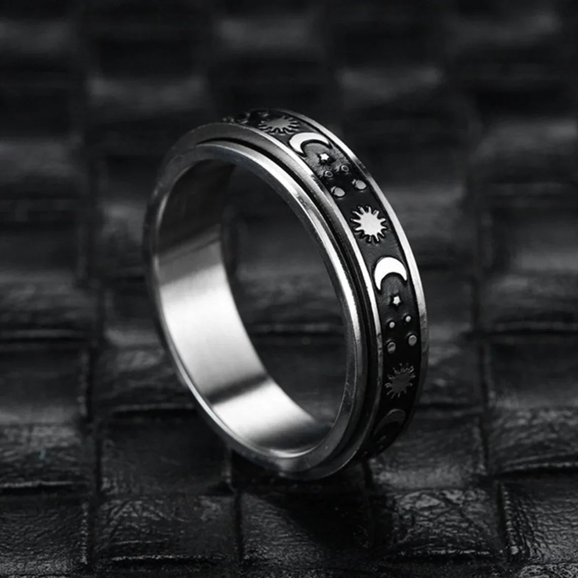 Vintage Stainless Steel Sun Moon Star Rotating Spinning Wedding Promise Anniversary Statement Band Ring Jewelry