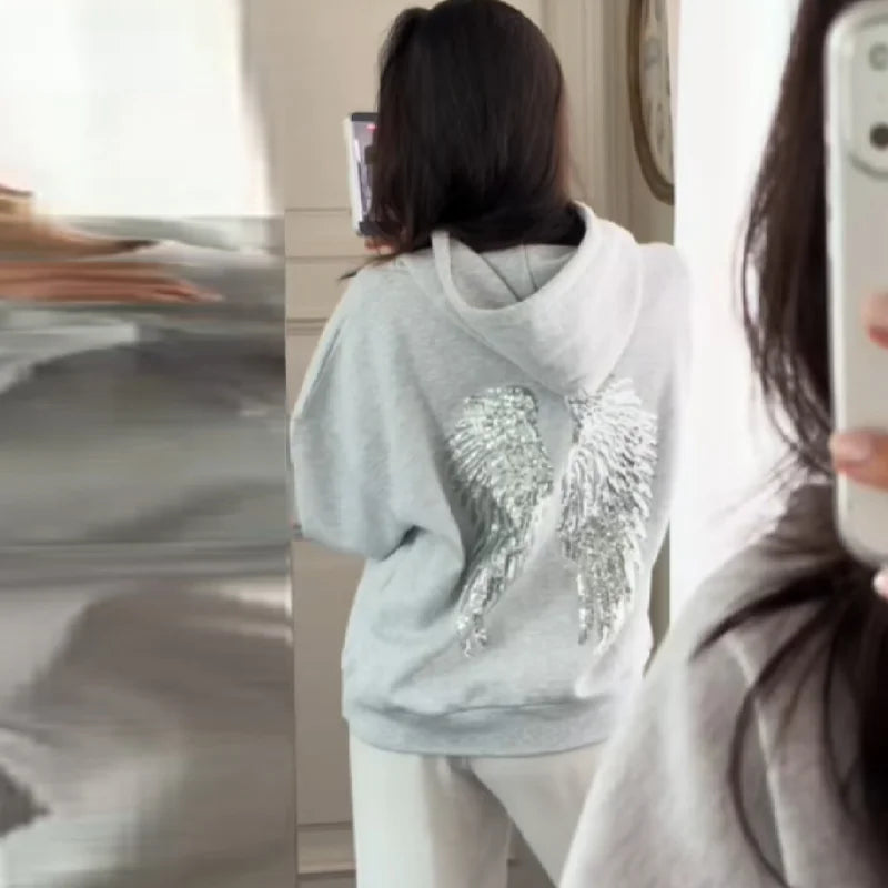 Women's Shinny Sequin Angel Wings Hooded Jacket Pant Long Sleeve Loose Casual Hooded Pullover 2025 New Lady Y2K Autumn Outwears
