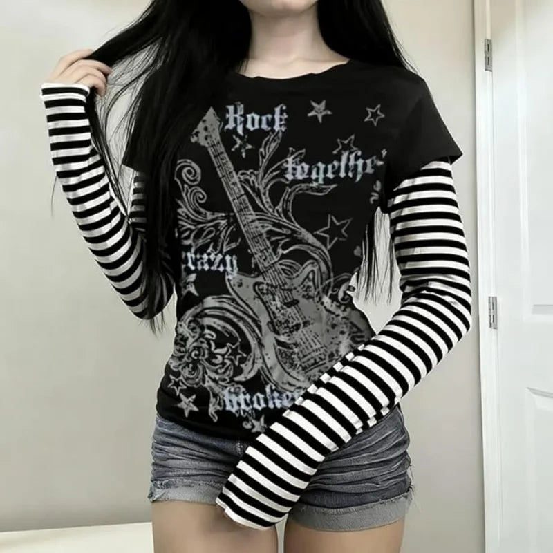 American Subculture Punk Print T-shirt Harajuku Striped Patchwork Tshirts Retro Y2K Gothic Tee Hip-hop Hottie Fake Two-piece Top