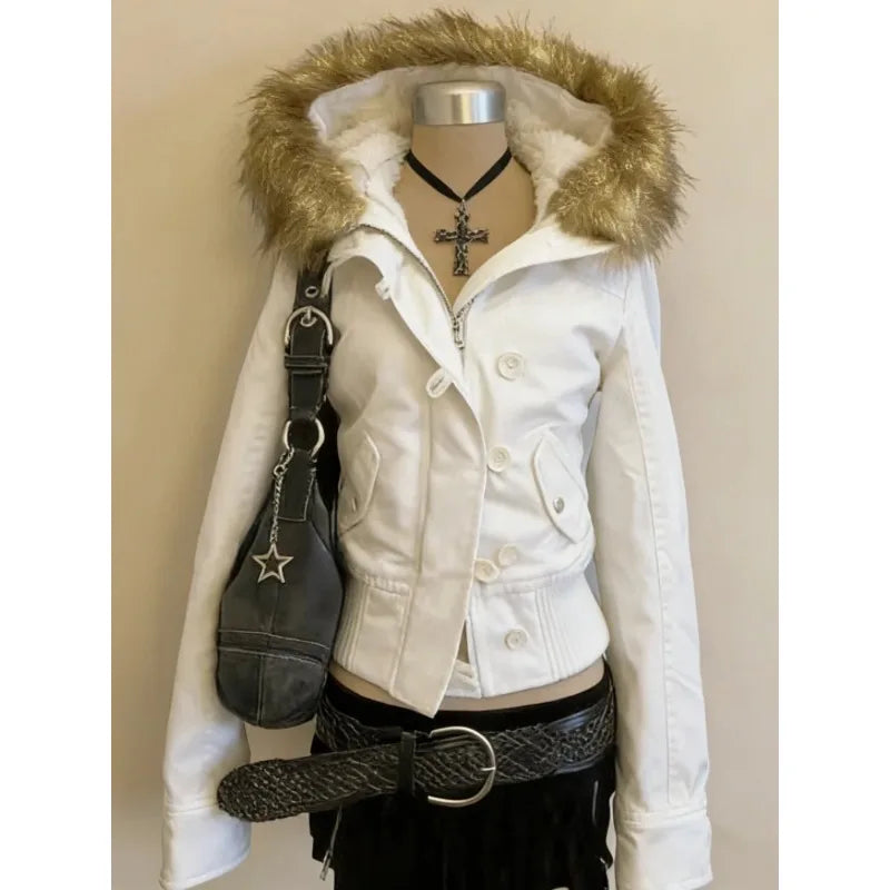 Subculture Gothic Women Coats with Hoodies Vintage Korean Harajuku Black Jackets Faux Fur Coat Female Loose Casual Sweatshirt
