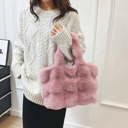 Women Plush Shoulder Bag Fluffy Handbag Large Capacity Casual Commuting Bag Furry Carrying Bag Soft Shopper Bag