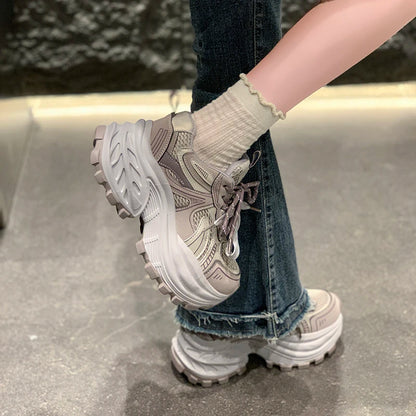 8.5CM Mesh Microfiber Leather Casual Shoes New 2026 Spring Women Chunky Sneakers High Platform Outdoor Sports Dad Shoes Woman