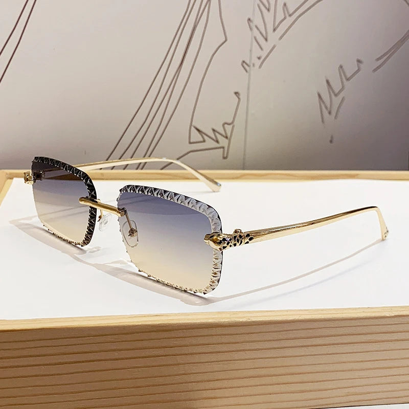 New design frameless leopard head sunglasses for driving, sun protection, fashionable metal glasses