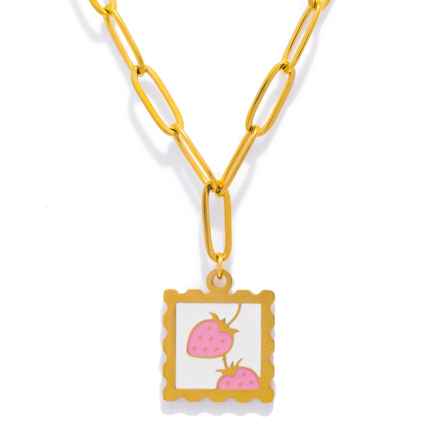 316L Stainless Steel Necklace - Whimsical Cherry Strawberry Charm Pendant, 17mm Square Hypoallergenic Dainty Jewelry for Women