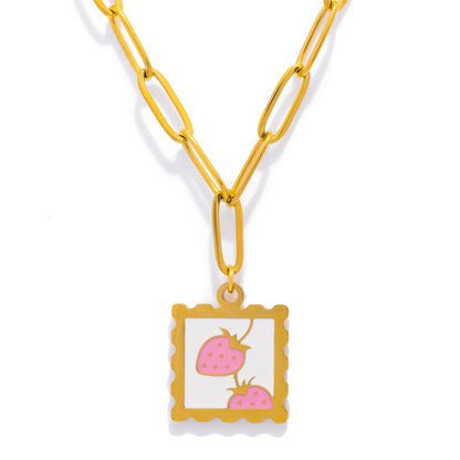 316L Stainless Steel Necklace - Whimsical Cherry Strawberry Charm Pendant, 17mm Square Hypoallergenic Dainty Jewelry for Women