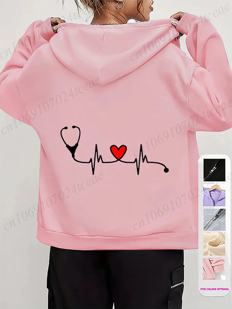 Women's Autumn Winter Hoodies Stethoscope EKG printed zipper Hooded Jackets Nursing Zipper Pocket Sweatshirt Nurse Life Outwear