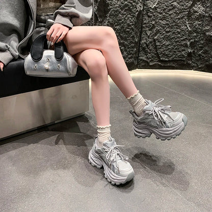 8.5CM Mesh Microfiber Leather Casual Shoes New 2026 Spring Women Chunky Sneakers High Platform Outdoor Sports Dad Shoes Woman