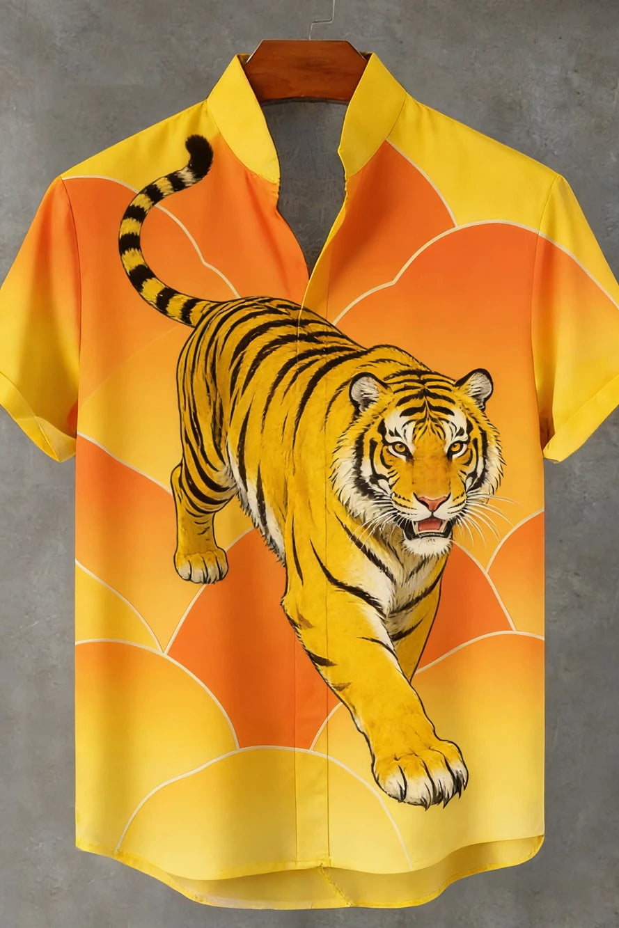 2026 Men's New Natural Tiger Phoenix Pattern 3D Printed Linen Casual Shirt Hawaiian Outdoor Activity Short-sleeved Clothing Men