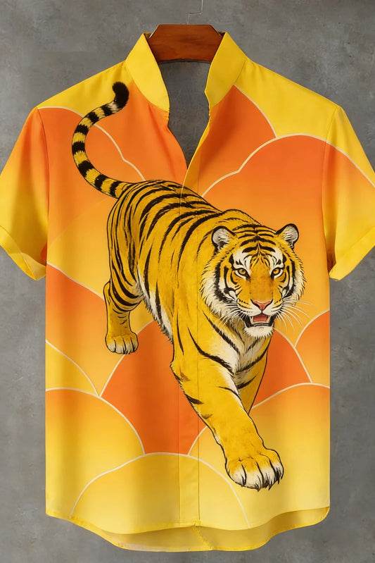 2026 Men's New Natural Tiger Phoenix Pattern 3D Printed Linen Casual Shirt Hawaiian Outdoor Activity Short-sleeved Clothing Men