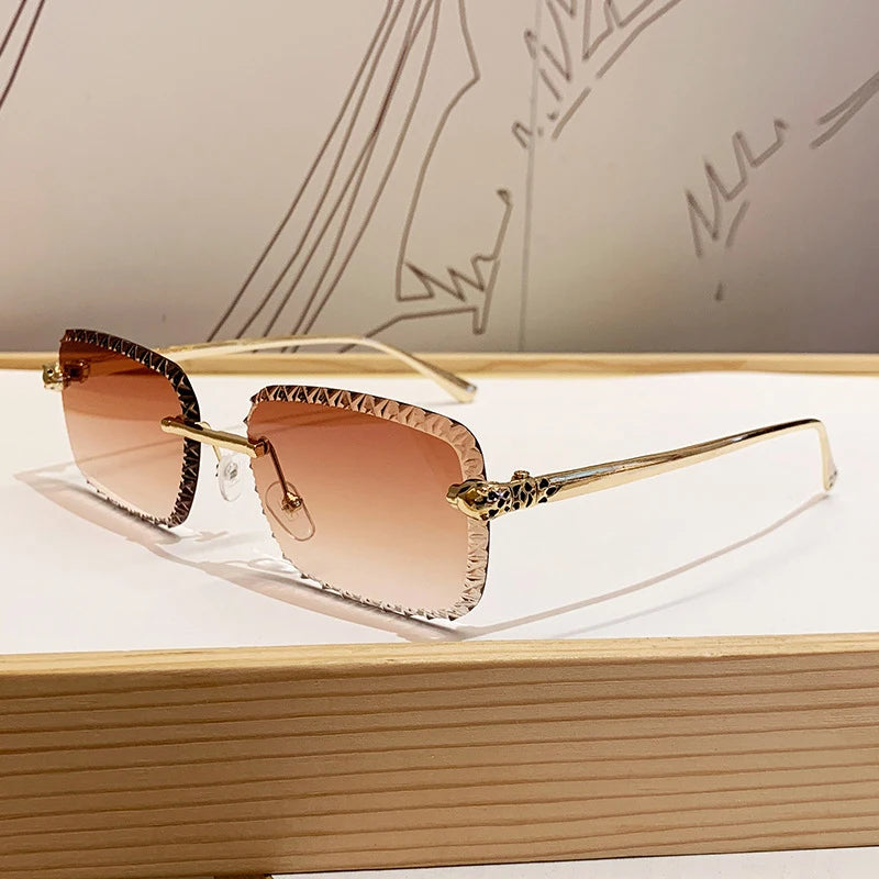 New design frameless leopard head sunglasses for driving, sun protection, fashionable metal glasses