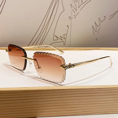 New design frameless leopard head sunglasses for driving, sun protection, fashionable metal glasses