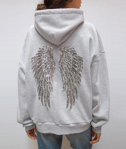 Fashion Wings Beads Sweathirts Women Oversized Hoodies Fleece Lining Sequined Casual Pullover Top Y2K Clothes Lady Outfits 2026