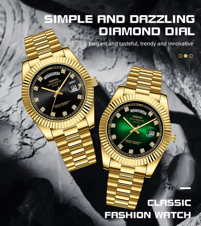 NIBOSI Mens Watches Top Brand Luxury Gold Diamonds Classic Watch Men Auto Week Date Watch Waterproof Stainless Steel Wristwatch