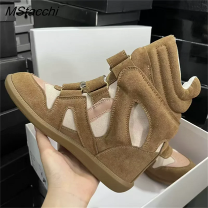 Women's High-top Shoes Suede Leather Casual Wedge Boots Flat Sneakers Hook Loop Heightening Shoes Luxury Short Botas Femininas