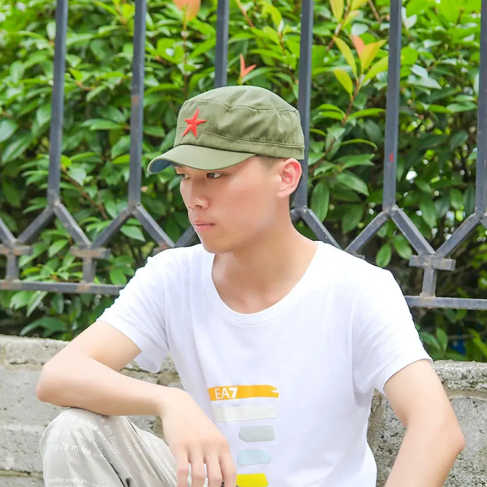 Unisex Cotton Men Cap Spring Summer Beach Outdoor Street Street Cool Church Sunhat Flat Top Hat With Red Star Dropshipping