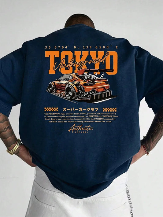 New men's summer fashion casual Japanese Tokyo pattern printed round neck short sleeved polyester fabric breathable T-shirt