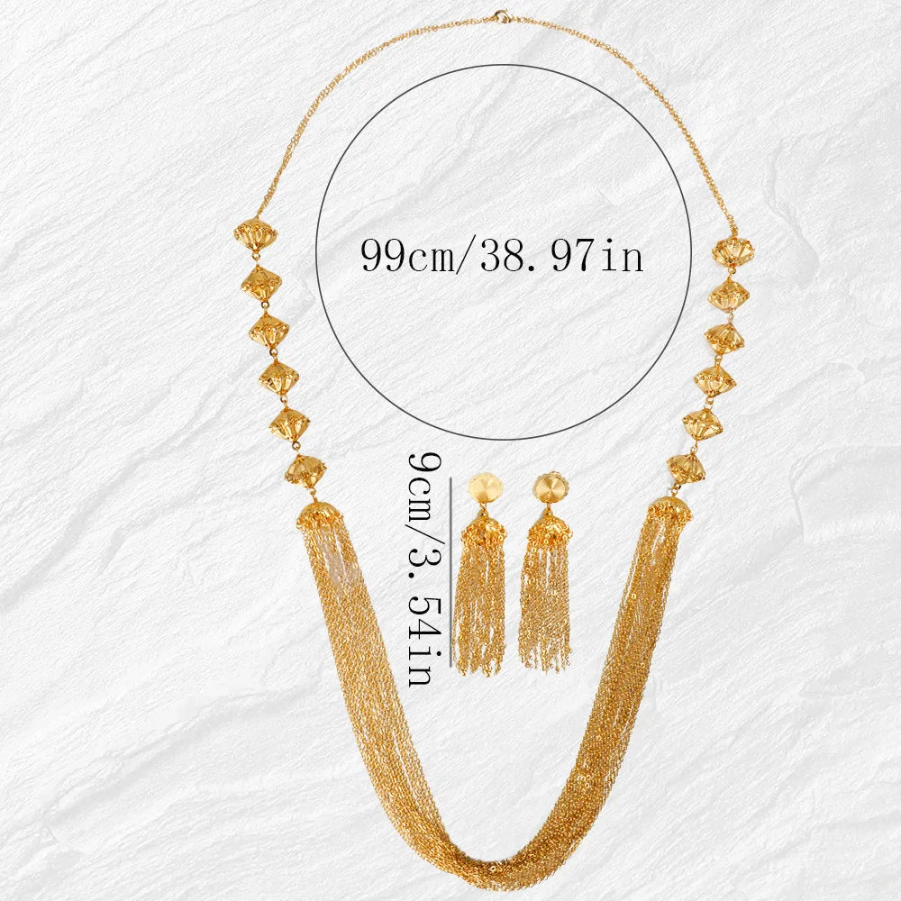 Tassel Necklace Earrings Long Set Women's 24K Gold AU999-Stackable tassel jewelry set,vivid layered style, trendy for mix&match