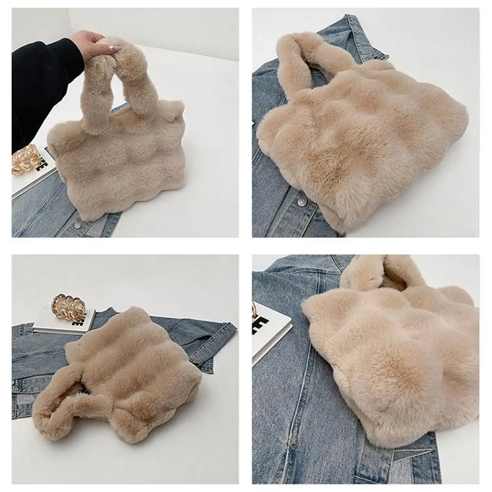 Women Plush Shoulder Bag Fluffy Handbag Large Capacity Casual Commuting Bag Furry Carrying Bag Soft Shopper Bag