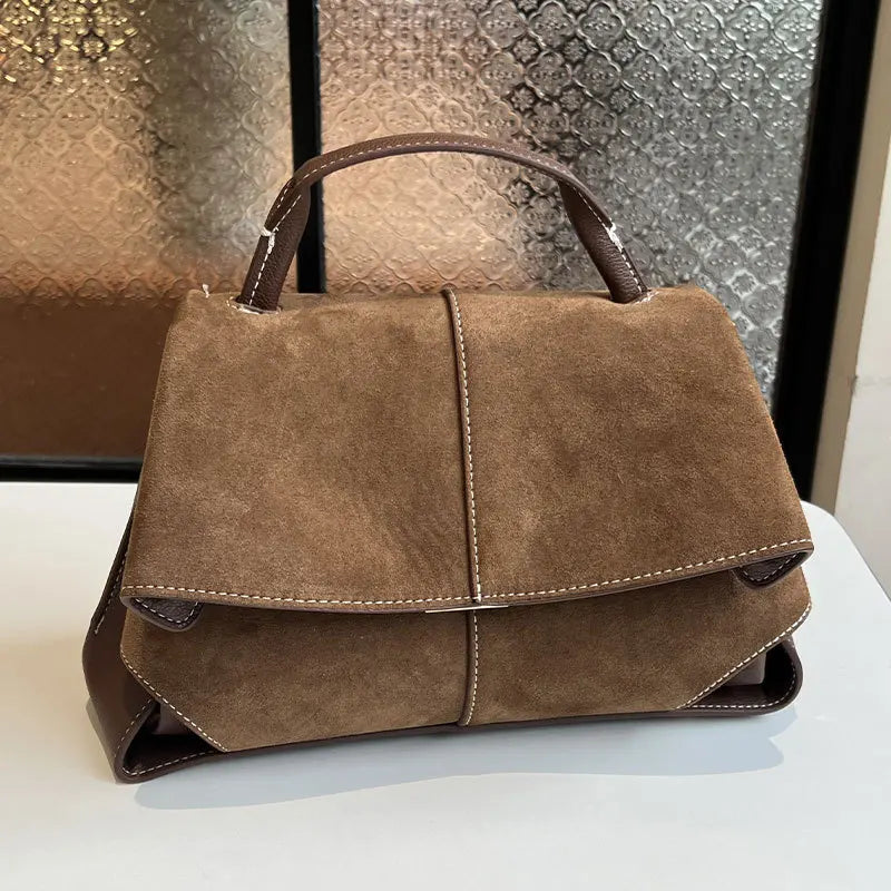 Women Frosted Handbag High-end Suede Flap French Shoulder Bag Luxury Trapezoidal House Shape Bag Messenger Bag Commuter Tote Bag