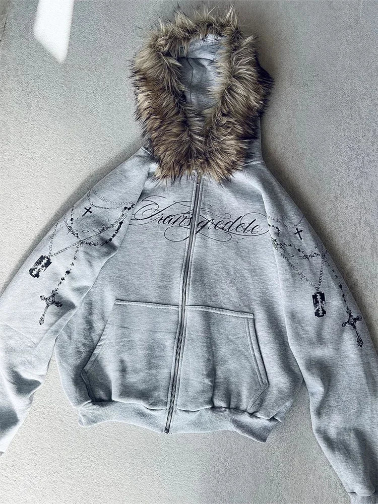 Winter Fashion Streetwear Women's Gothic Punk Faux Fur Hooded Jacket With Cross Print Trendy Edgy Zip - Up Sweatshirt 2026 New