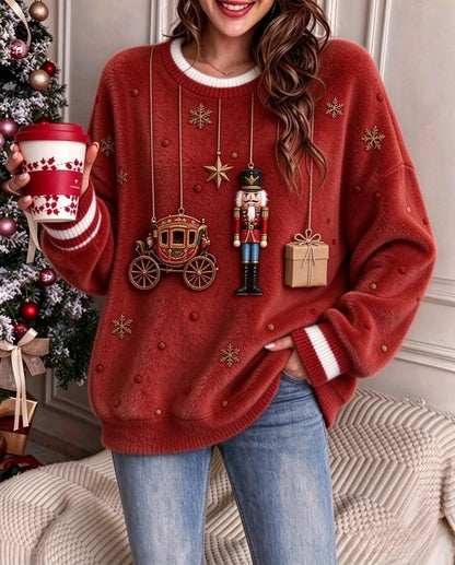 Soft Flannel Christmas Sweatshirt for Women Penguin Nutcracker Ornaments Crew Neck Casual Pullover
