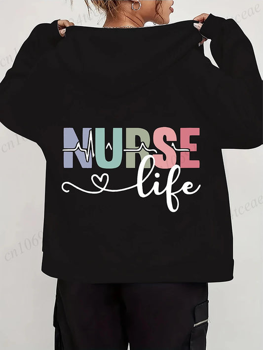 Women's Autumn Winter Hoodies Stethoscope EKG printed zipper Hooded Jackets Nursing Zipper Pocket Sweatshirt Nurse Life Outwear