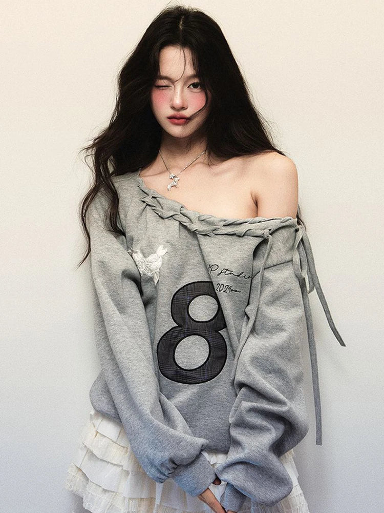 Jmprs Y2K Streetwear Gray Sweatshirts Women Off Shoulder Loose Letter Pullovers Harajuku Retro Female Casual American Tops New