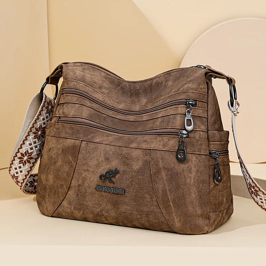 Vintage Style Shoulder Bag for Women Multi Layer Versatile Faux Leather Crossbody Bag Casual Handbag Purse with Zipper Closure