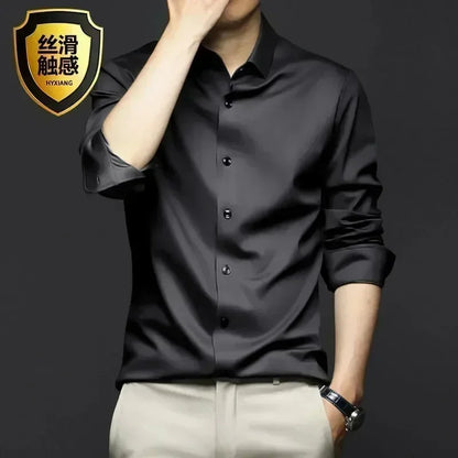 S-6XL Men's Long Sleeve Shirt Luxury Wrinkle Resistant Pure White Shirt Business Dress Casual Ice Silk Glossy Shirt