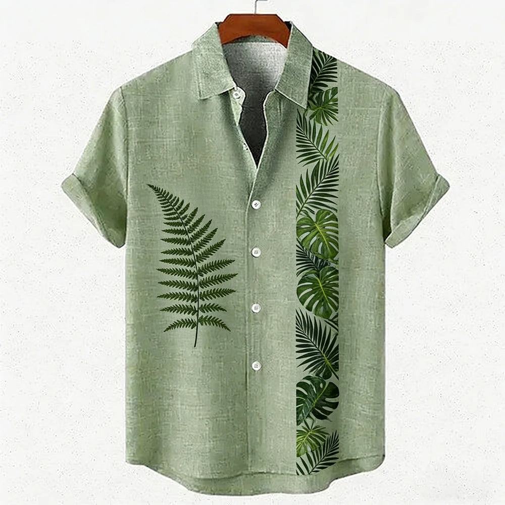 Men's new green linen short-sleeved shirt HD coconut tree pattern 3D printed shirt Hawaiian vacation outdoor social men's wear