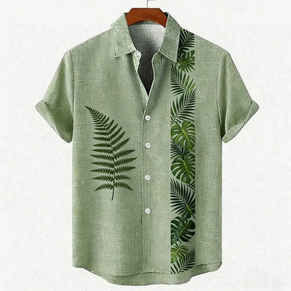Men's new green linen short-sleeved shirt HD coconut tree pattern 3D printed shirt Hawaiian vacation outdoor social men's wear
