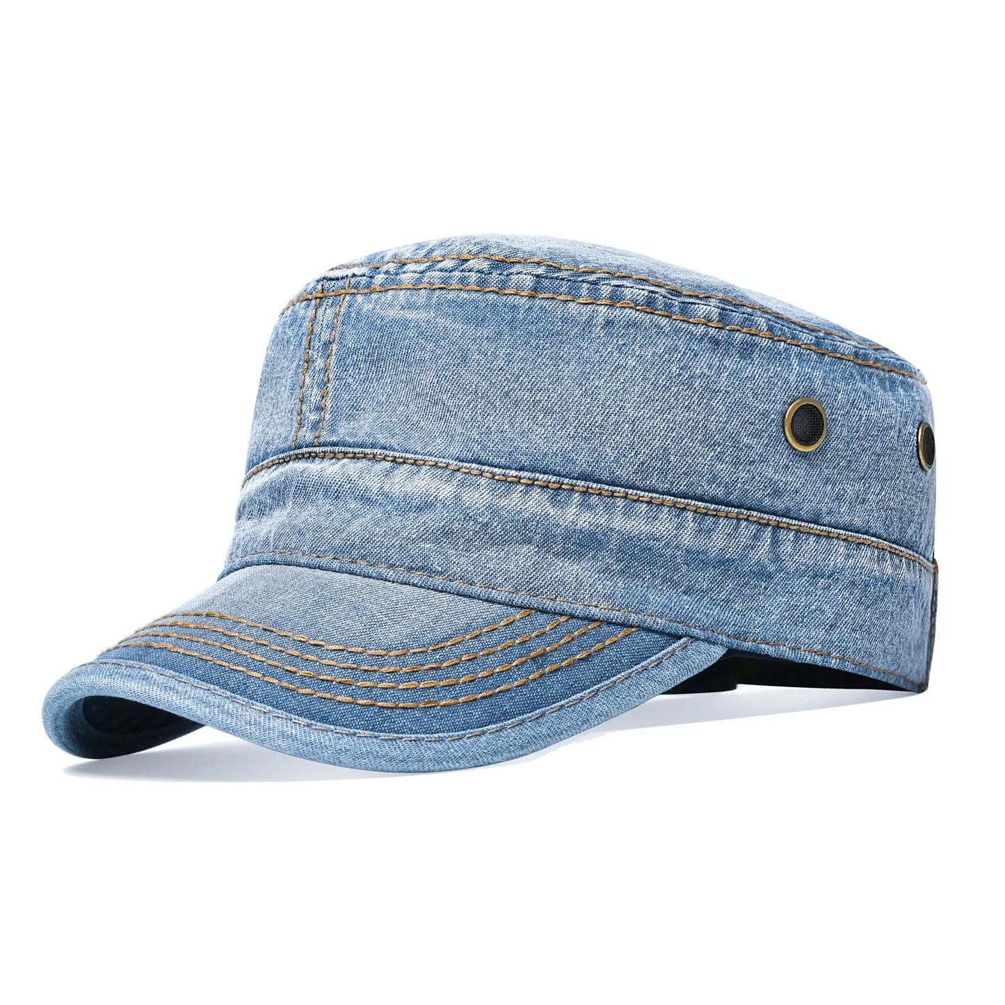 VOBOOM Denim Army Cap Men Washed Cotton Bucket Hat Spring Fall Headpiece Flat Top Adjustable Peaked Visor Hats Trucker Hats