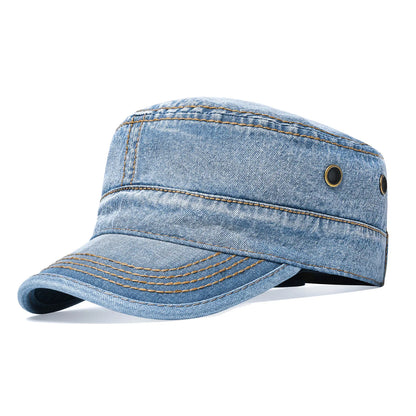 VOBOOM Denim Army Cap Men Washed Cotton Bucket Hat Spring Fall Headpiece Flat Top Adjustable Peaked Visor Hats Trucker Hats