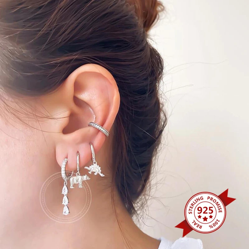 Women Pure Silver Series 925 Sterling Silver Ear Needle Geometric/Butterfly Flowers Pendant hoop Earrings Crystal Zircon Jewelry