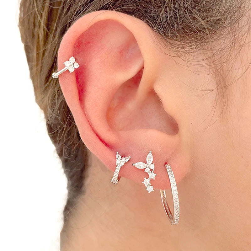 Women Pure Silver Series 925 Sterling Silver Ear Needle Geometric/Butterfly Flowers Pendant hoop Earrings Crystal Zircon Jewelry