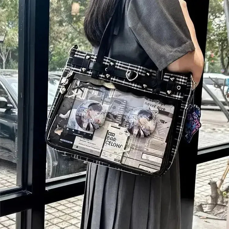 Women Fashion Checkered Pattern Retro Ita Bag Cute Girl Transparent Large Capacity Tote Bag DIY Display Handbag New Shoulder Bag