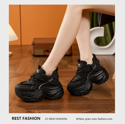 9cm Genuine Leather Chunky Sneakers for Women Fashion Sneakers Walking Shoes Platform Heel Sneakers Women Casual Shoes