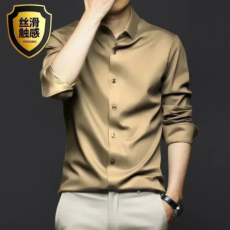 S-6XL Men's Long Sleeve Shirt Luxury Wrinkle Resistant Pure White Shirt Business Dress Casual Ice Silk Glossy Shirt