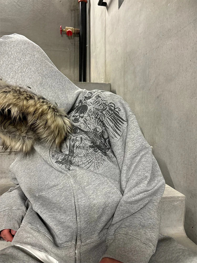 Autumn/Winter Y2k Women Aesthetic Harajuku Faux Fur Collar Hoodies Clothes Graphic Hip Hop Punk Gothic Zip Up Hoodies 2026 new