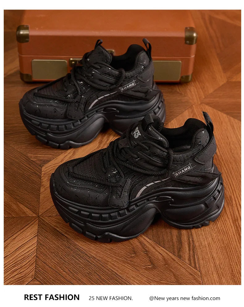 9cm Genuine Leather Chunky Sneakers for Women Fashion Sneakers Walking Shoes Platform Heel Sneakers Women Casual Shoes