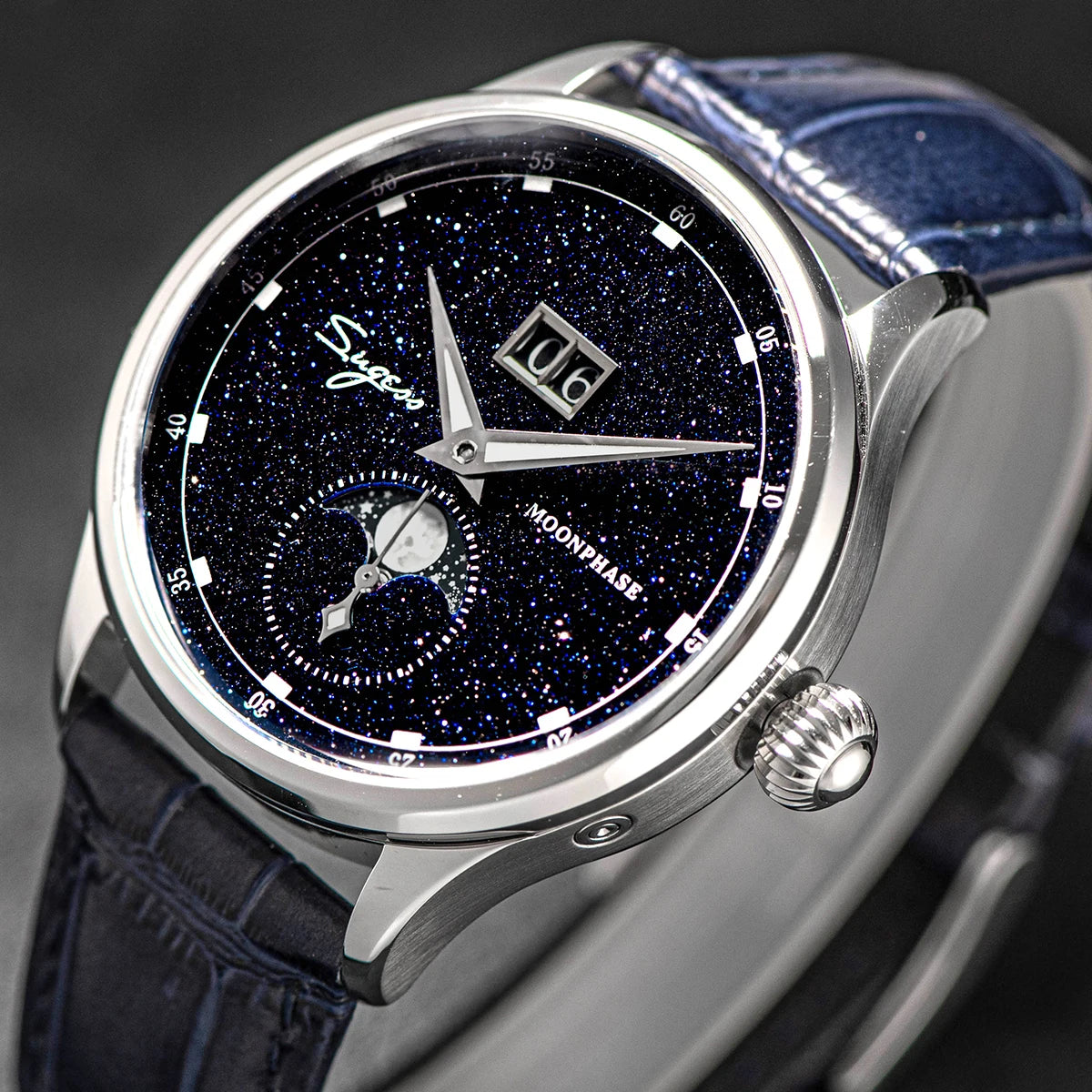 Sugess Mens Watch Limited Edition Moonphase 316L Stainless Steel Case Tianjin ST2528 Movement Luxury Gemstone Stars Dial Gift V3