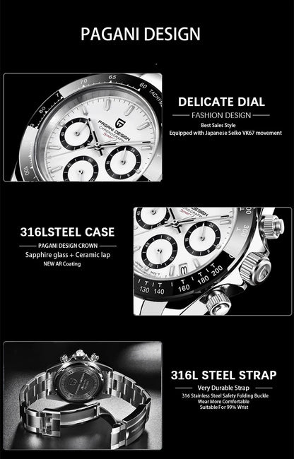 New PAGANI DESIGN PD1644 Luxury Men's Quartz Watch Automatic date Wristwatches Sport 100m Waterproof Chronograph Men Gift
